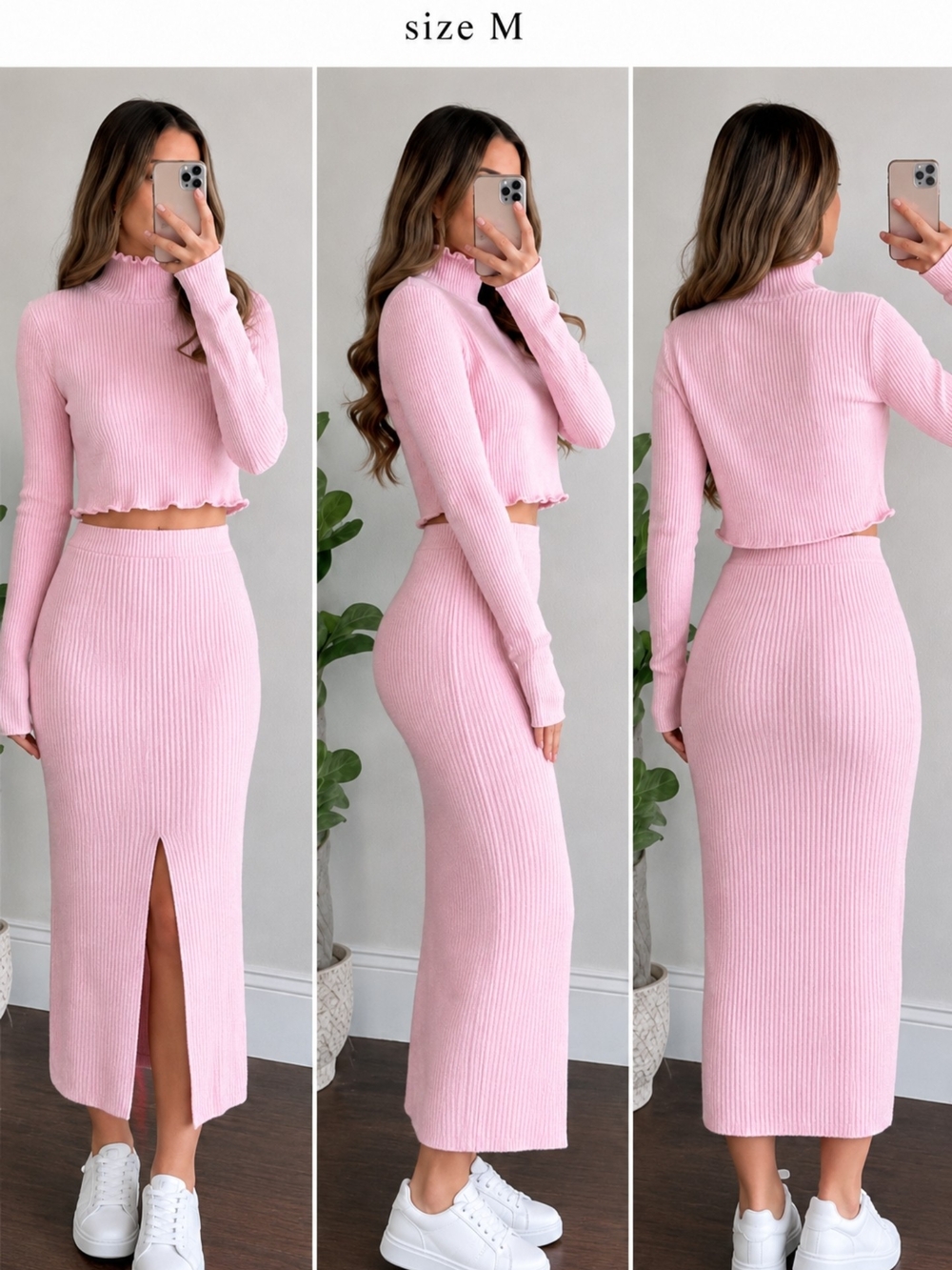 Happily Grey Pink Ribbed Knit Sweater Skirt Set 2 Piece Midi M